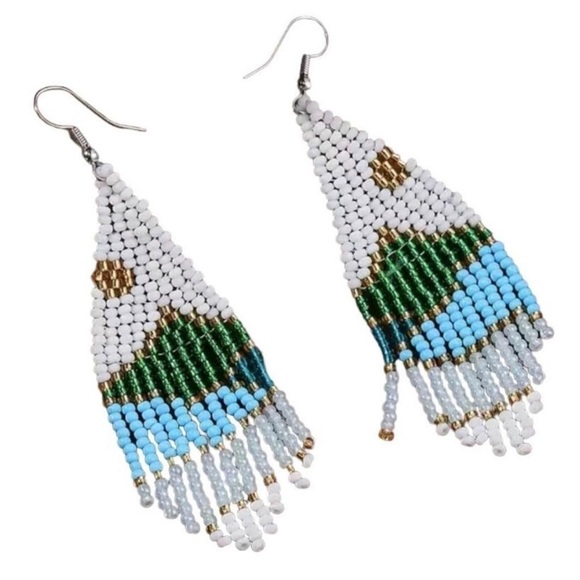 NEW Beaded Boho Nature Scene Sun Over Mountain River Hippie Dangly Earrings - Picture 3 of 3